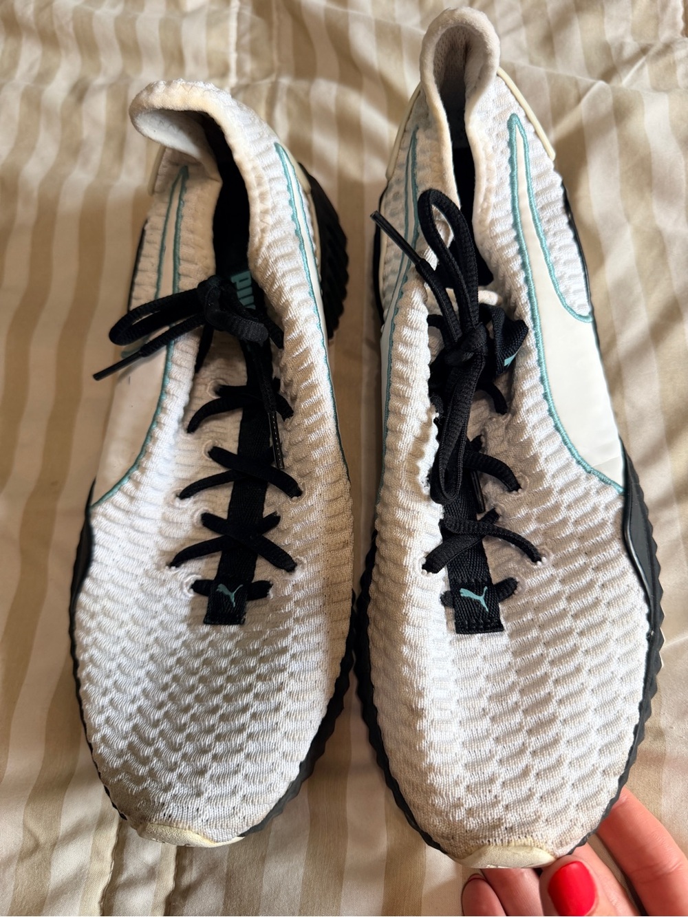Puma Women's White Knit Sneakers with Teal Piping and Black Laces